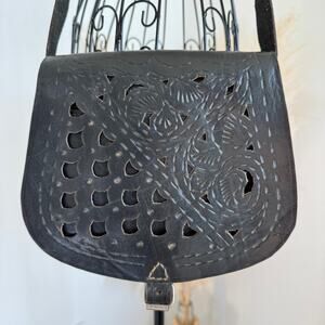 Vintage Moroccan Dark Tooled Leather Saddle Crossbody Bag - Boho Chic